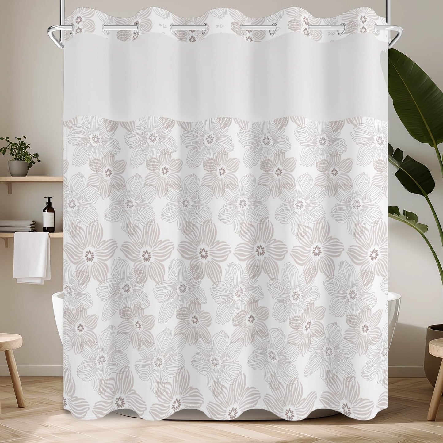 No Hook Shower Curtain with Snap in Fabric Liner Set, Waterproof & Washable, Boho Soft Tan Paisley Floral Shower Curtains for Bathroom, Elegant Neutral Modern Hotel Flower Bathroom Curtain, 71x74 inch