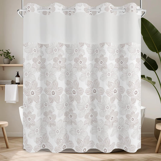 No Hook Shower Curtain with Snap in Fabric Liner Set, Waterproof & Washable, Boho Soft Tan Paisley Floral Shower Curtains for Bathroom, Elegant Neutral Modern Hotel Flower Bathroom Curtain, 71x74 inch