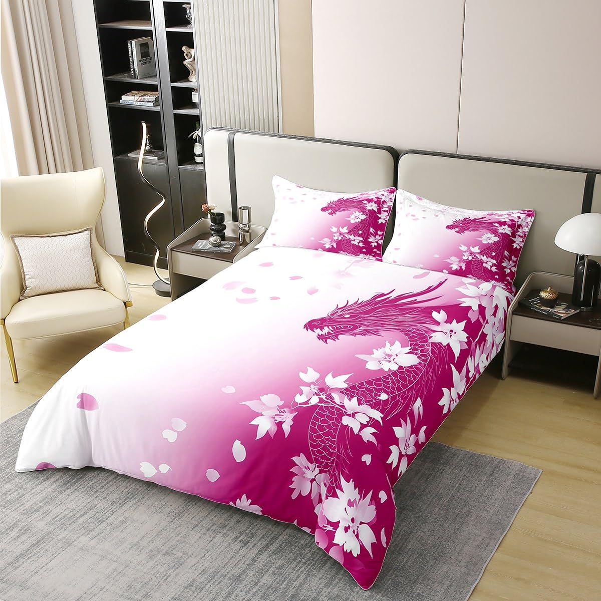 Erosebridal Pink Fantasy Dragon Duvet Cover Twin Size 100% Cotton Pink White Gradient Princess Comforter Cover for Kids Girls Teen,Wildlife Animal Bedding Set Dreamy Aesthetic Cherry Blossom Bed Set