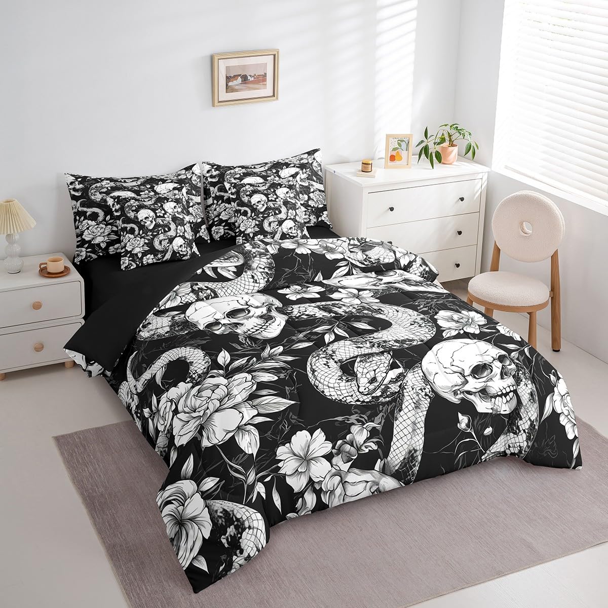 jejeloiu Kids Sugar Skull Comforter Set 7 Pieces Full Size Snake Boho Rose Bedding Set for Boys Girls Goth Art Bed Set Bed in a Bag with Comforter, Sheets, Pillowcases & Cushion Covers