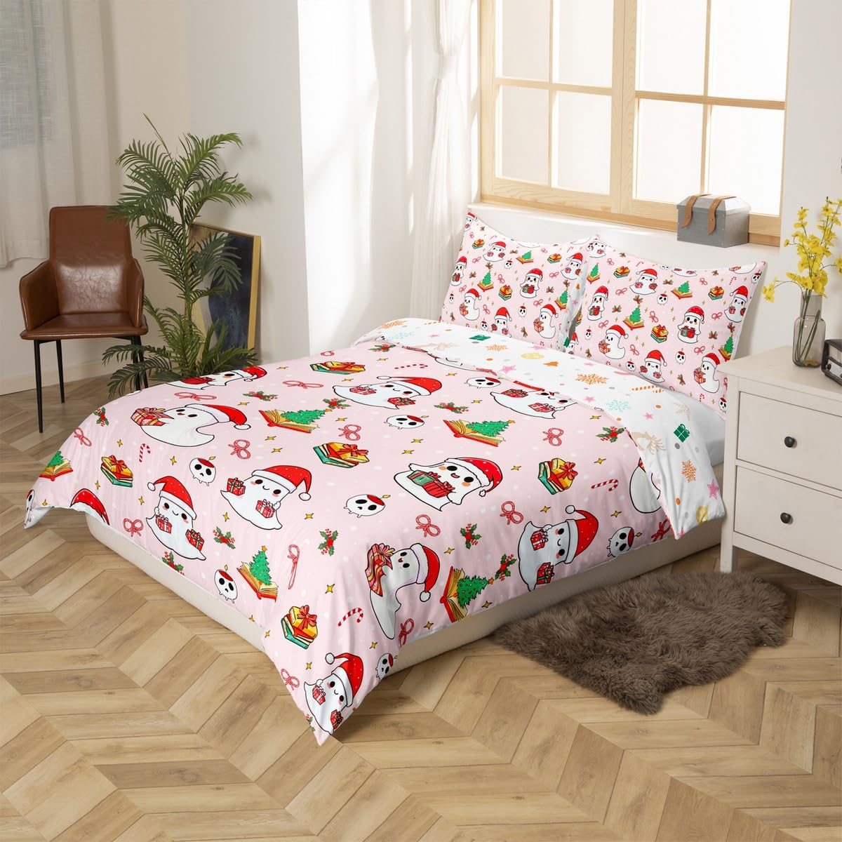 Christmas Ghost Duvet Cover Set Twin Size,Christmas Tree Bedding Sets 2Pcs for Kids Girls Boys Adult Room Decor,Red Xmas Candy Comforter Cover Cartoon Pink Quilt Cover,1 Pillowcase