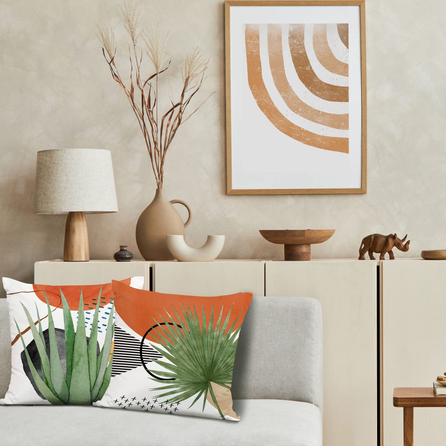 Jartinle Mid Century Modern Tropical Leaves Throw Pillow Covers 18x18 Boho Abstract Art Botanical Plant Nature Pillow Covers Set of 4 Geometric Minimalist for Couch Outdoor Decor …