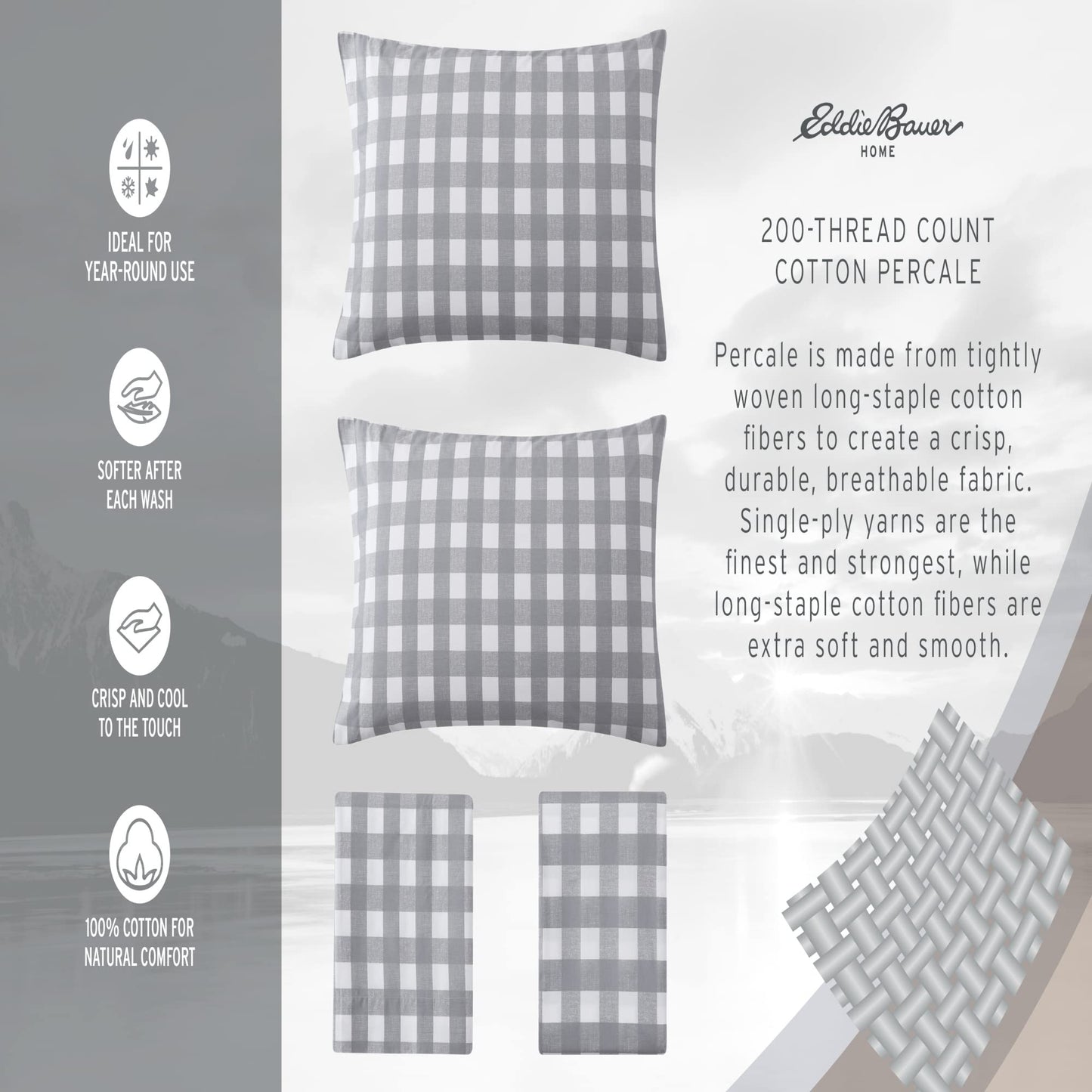 Eddie Bauer - Twin Sheet Set with Fitted Sheet & Pillowcase, 100% Cotton Percale Bedding, Crisp & Cool, Dorm Room Essentials, Ticking Stripe Light Blue