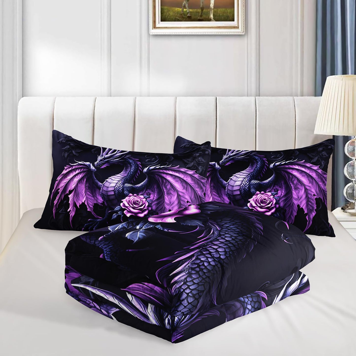 XYNHML Western Dark Purple Fantasy Dragon Comforter 3Pcs Twin Wild Animal Dragon Floral Bedding Set for Kid Teen Girl Boy Teen Adult Mysterious Pattern Quilt Bed Decor with 1 Comforter+2 Pillowcases