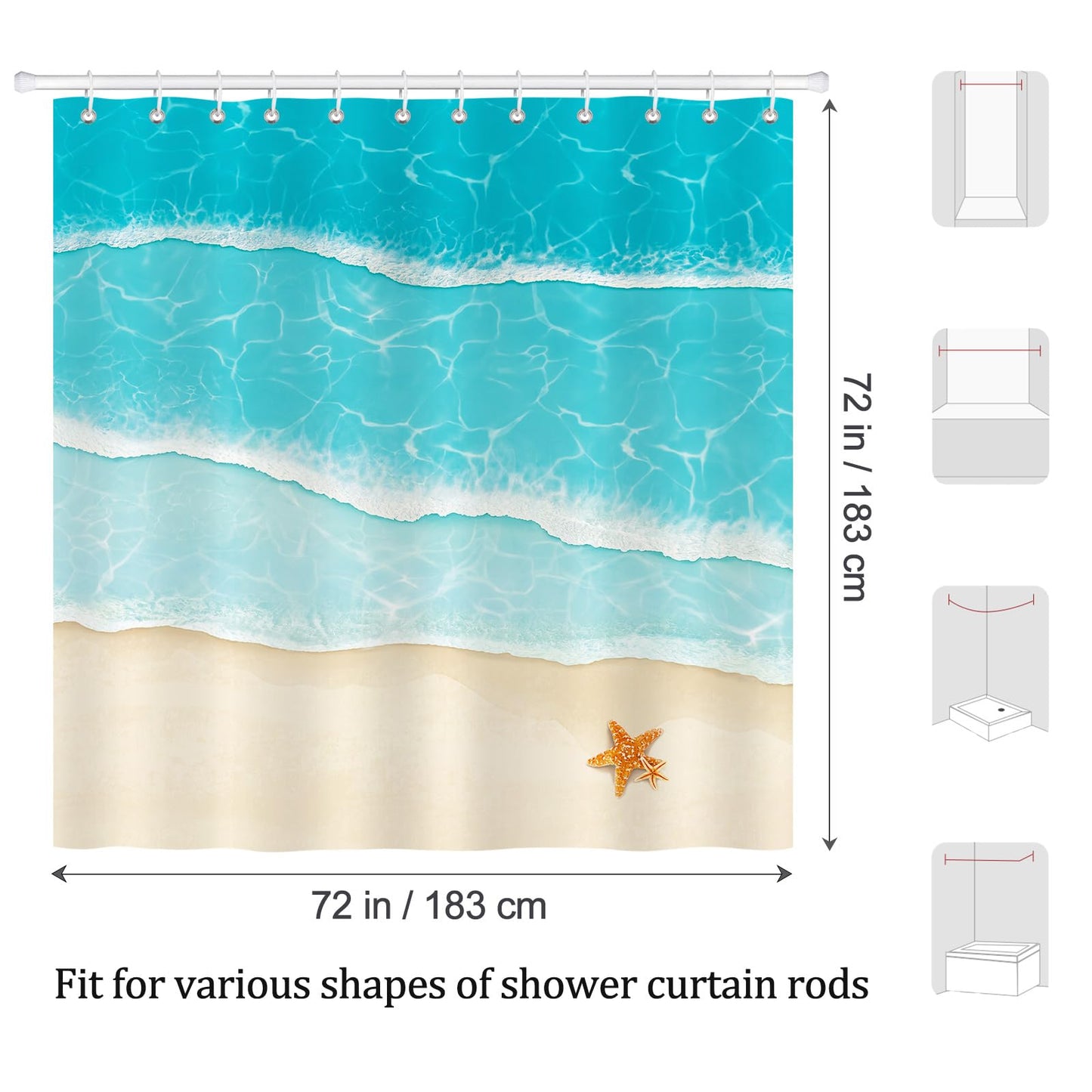 COZZSNUGE Beach Ocean Shower Curtain, Blue Summer Coastal Waves Starfish Shower Curtain for Bathroom Waterproof Polyester Fabirc with 12 Hooks, 72 x 72 Inches