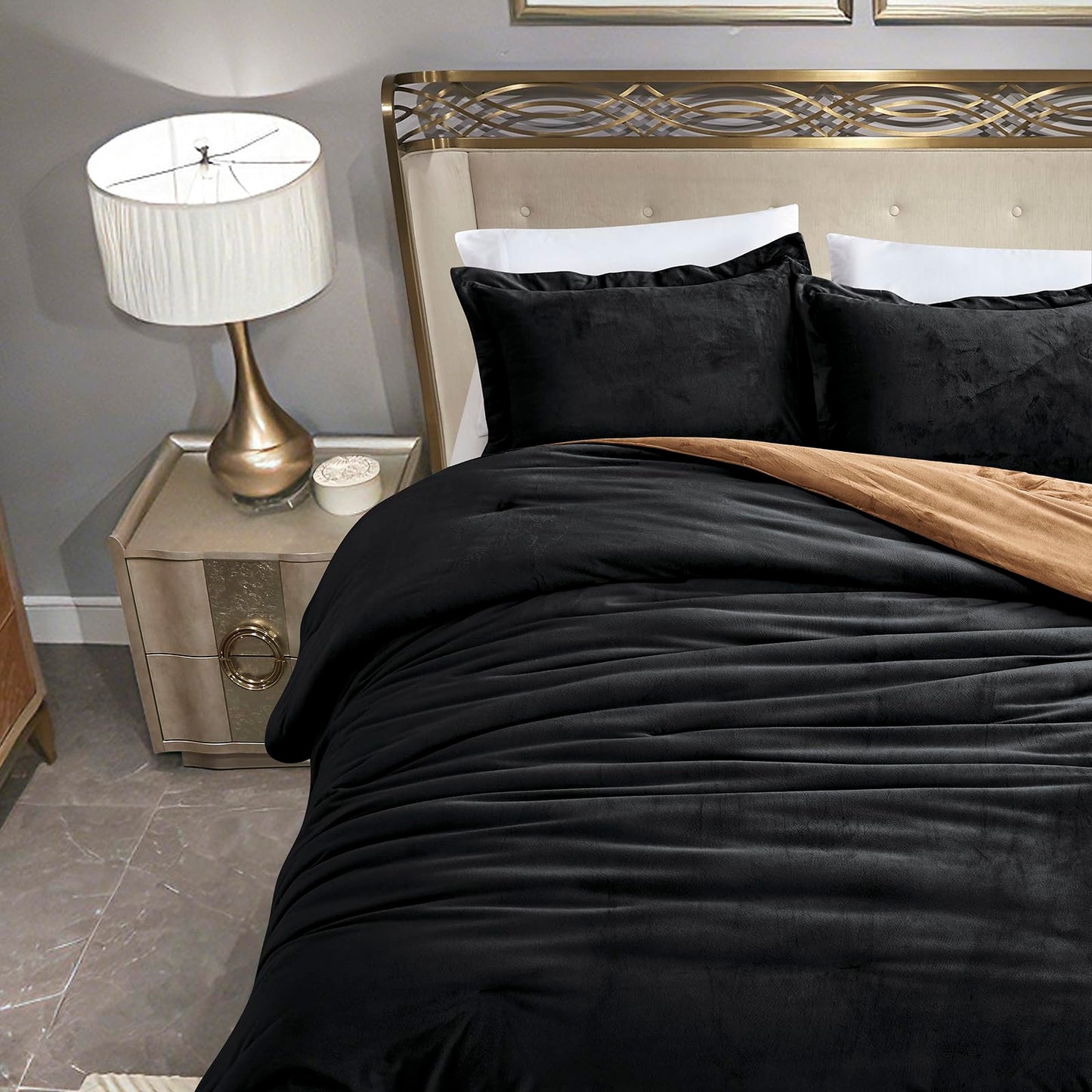 HUMESIIL Reversible Comforter Set, Poly Plush Fabric for Both Front and Reverse, with Downalternative Fill, 3 Pieces King 106"x96", Black Caramel