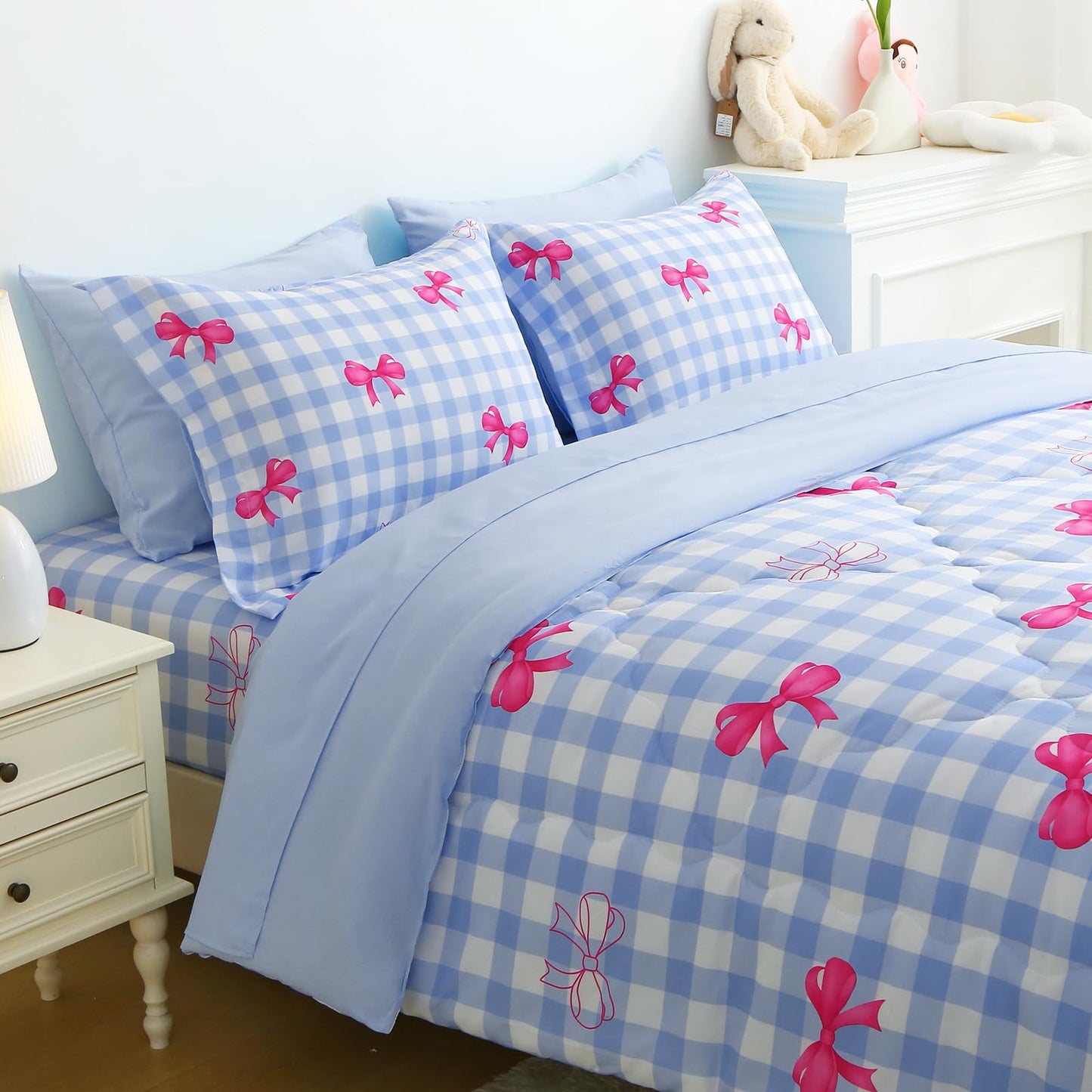 Wajade Bow Comforter Set 7 Piece Blue White Plaid Comforter Sets for Girls Kids Full Size Checkered Bedding Set with Sheet and 2 Pillowcases 2 Pillow Shams Cute Girls Bed in a Bag as Birthday Choice