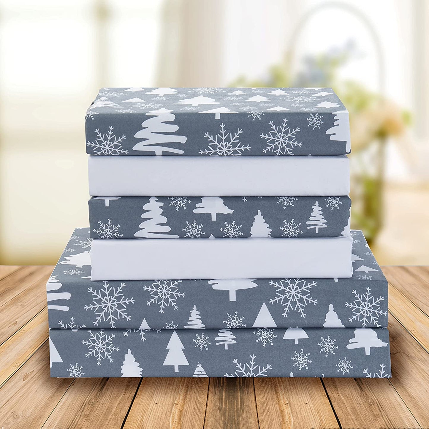 Elegant Comfort Holiday Printed 6-Piece Sheet Set, 1500 Thread Count, Breathable and Super Soft Material, Wrinkle Resistant, Fitted Sheets with Smart Pockets, 6PC King, Christmas Tree