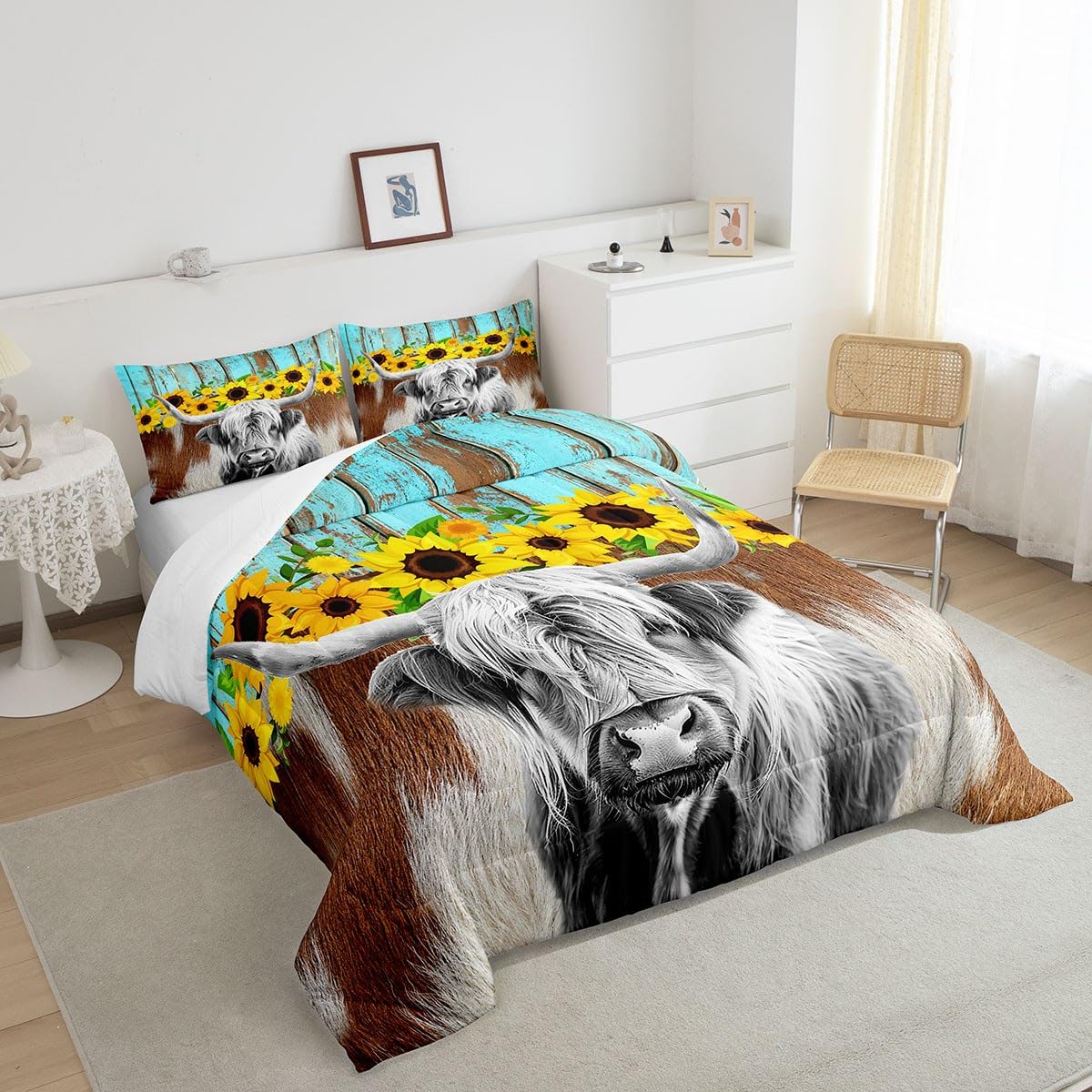 Manfei Cattle Comforter Set Twin Size, Brown White Cow Print Quilt Set with 1 Pillowcase, Yellow Flower Bedding Set 2pcs for Kids Boys Girls Room Decor, Rustic Blue Plank Duvet Insert