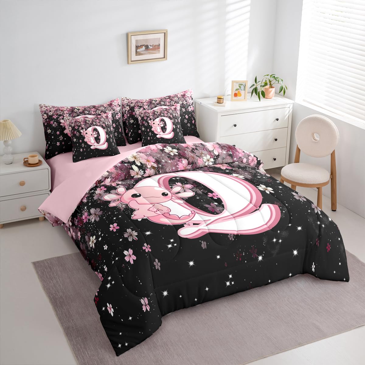 Erosebridal 7 Pieces Cute Letter Initial Q Bed in A Bag Twin Size | Cute Axolotl Comforter Set with Sheets for Kids Girls Teens Pink and White Cherry Blossom Bedding Set Kawaii Axolotl Quilt Sets