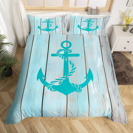 Blue Anchor Bedding Set Queen,Nautical Theme Comforter CoverGirls,Kids Vintage Wood Planks Duvet Cover Set Ocean Bedspread Cover Fashion Teens Bedroom Decor 3 Pcs Bed Collection(No Comforter)