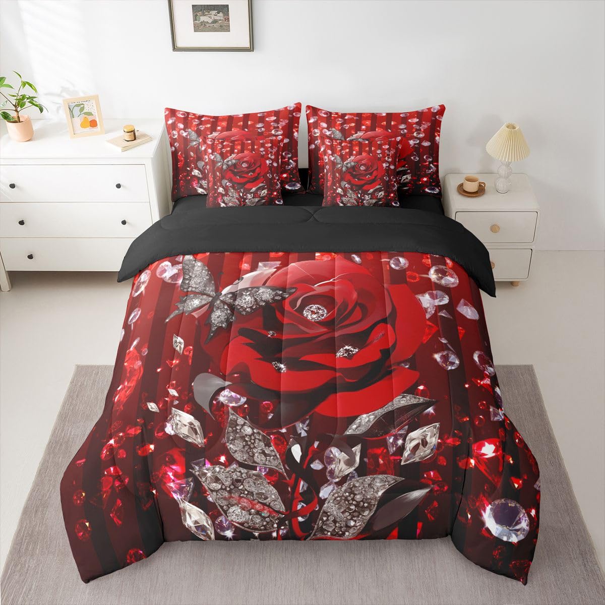 Erosebridal Red Rose Romantic Queen Comforter Set with Sheets 7 Piece Valentine Day Gift Bed in A Bag Rose Floral Flower Bedding Sets for Women Men Adults,Glitter Diamond Butterflies Bed Set