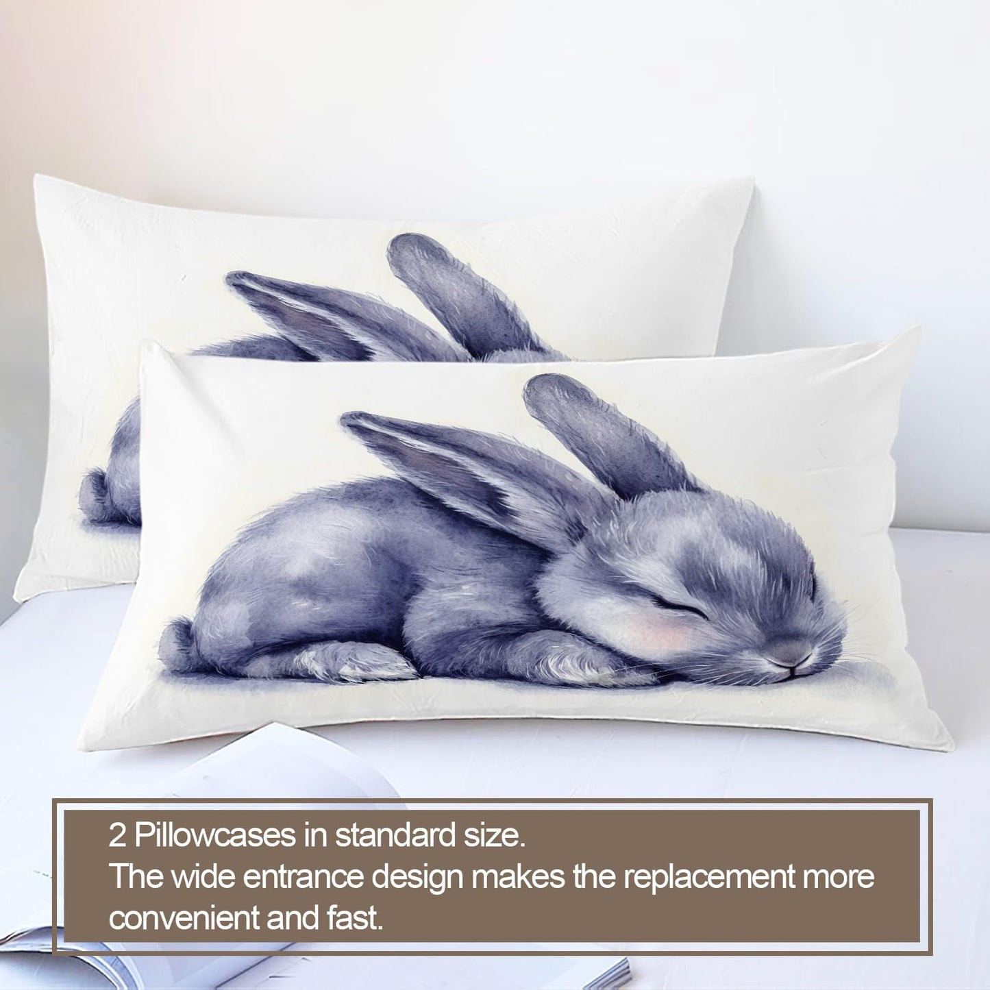 PAISUOQ Rabbit Duvet Cover Queen, Cute Animal Bedding Sets, Sleeping Bunny Comforter Cover with 2 Pillowcases, 3 Pieces with Zipper & Ties, Dorm Decor & Gifts