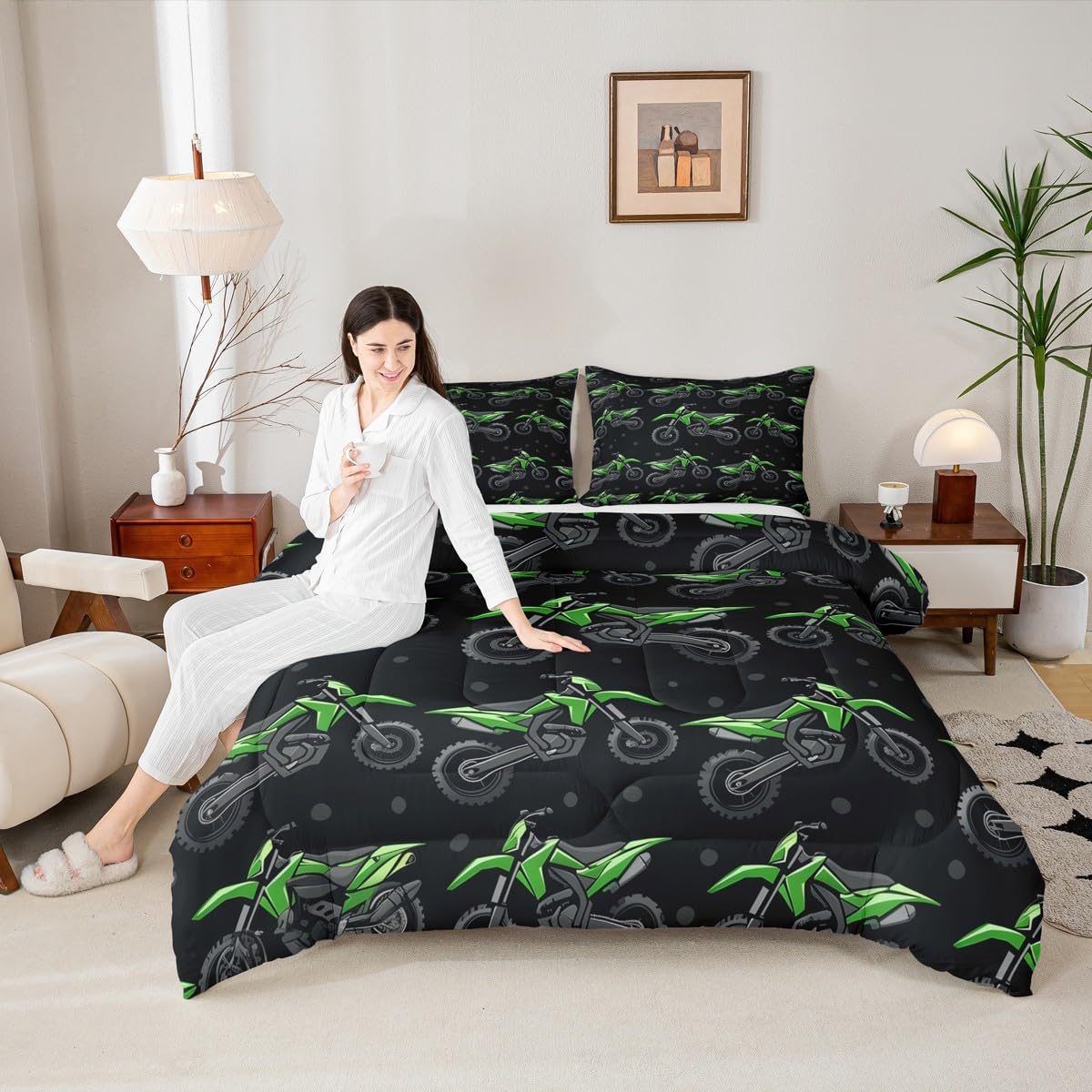 Erosebridal Boys Green Motocross Bedding Set Full, Dirt Bike Comforter Set, Racing Motocross Comforter, Cool Motorcycle Black Quilt with 2 Pillowcases for Kids Teens Youth Men Bedroom Decor