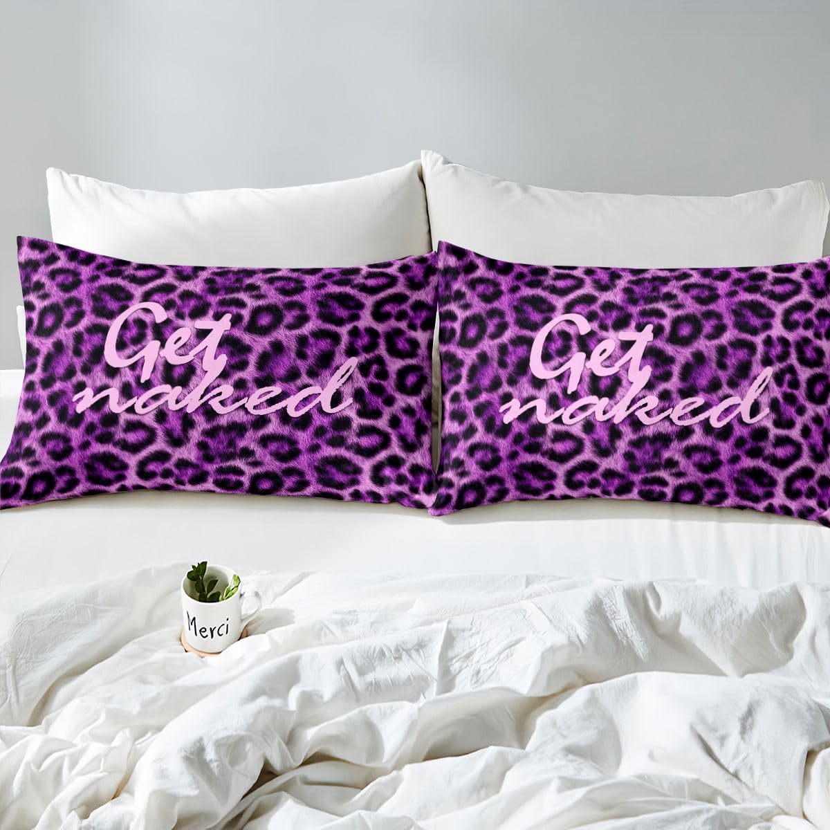 Feelyou Leopard Print Get Naked Duvet Cover King Size Funny Quotes Bedding Set for Boys Girls Purple Comforter Cover Cheetah Bedroom Decor 3Pcs