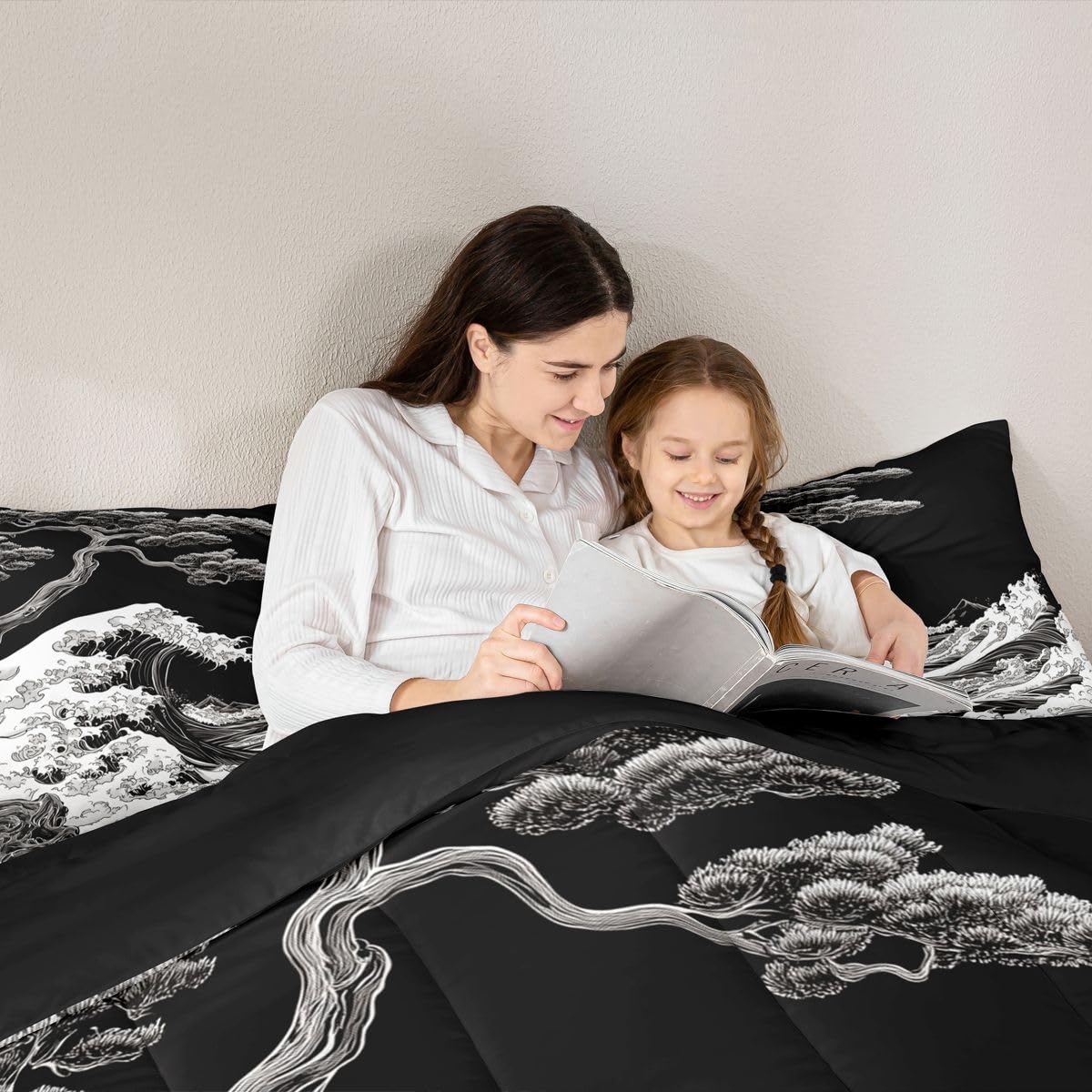 jejeloiu Wave Comforter Set All Season Japanese Style Bedding Set with 2 Pillow Cases Ocean Wave Microfiber Kids Queen Bedclothes Bedroom Decor Duvet Quilt Breathable Soft Lightweight