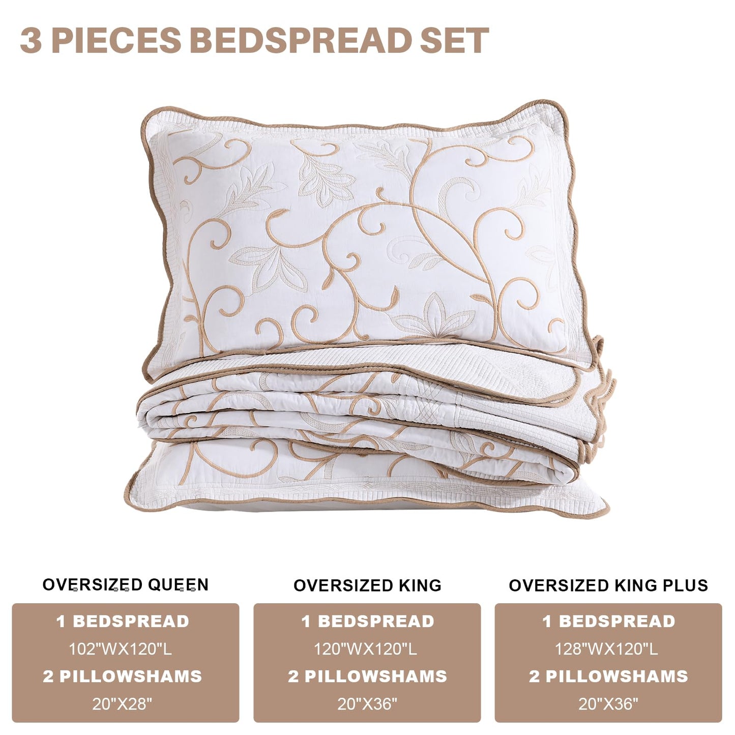 FineStichery 100% Cotton Oversized Bedspread Quilt Coverlet Set, 128"x120" Extra Large Cal King Bedspreads with Pillow Shams, Lightweight Embroidered Bedding Cover 3 Piece, White/Beige