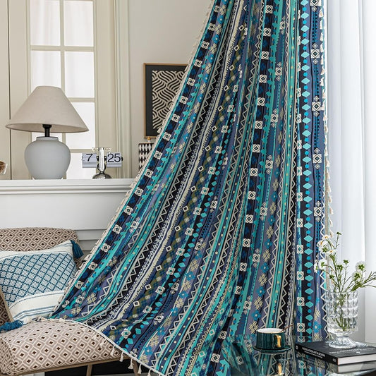 Erbnaryx Navy Blue Geometric Curtains 72 Inches Long, Boho Farmhouse Light Filtering Rod Pocket Drapes with Tassel Trim for Bedroom Living Room, 2 Panels