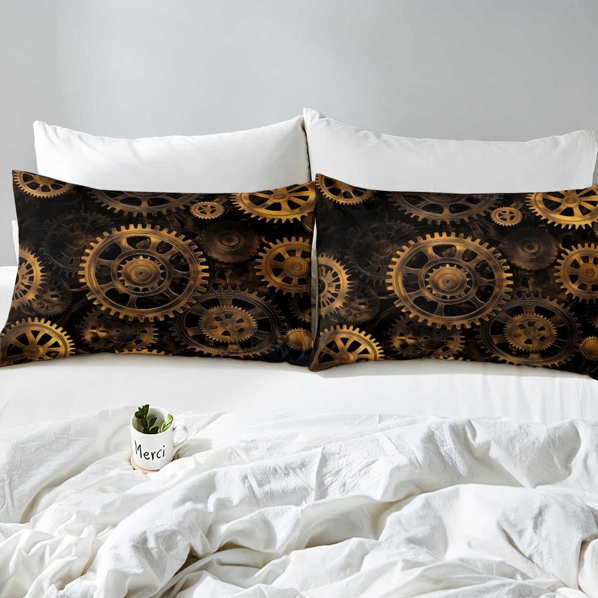 Erosebridal Golden Ndustrial Gear Bedding Set Full Size Steampunk Style Duvet Cover Clocks Theme Comforter Cover for Boys Men Mechanical Device Bedspread Cover, Black