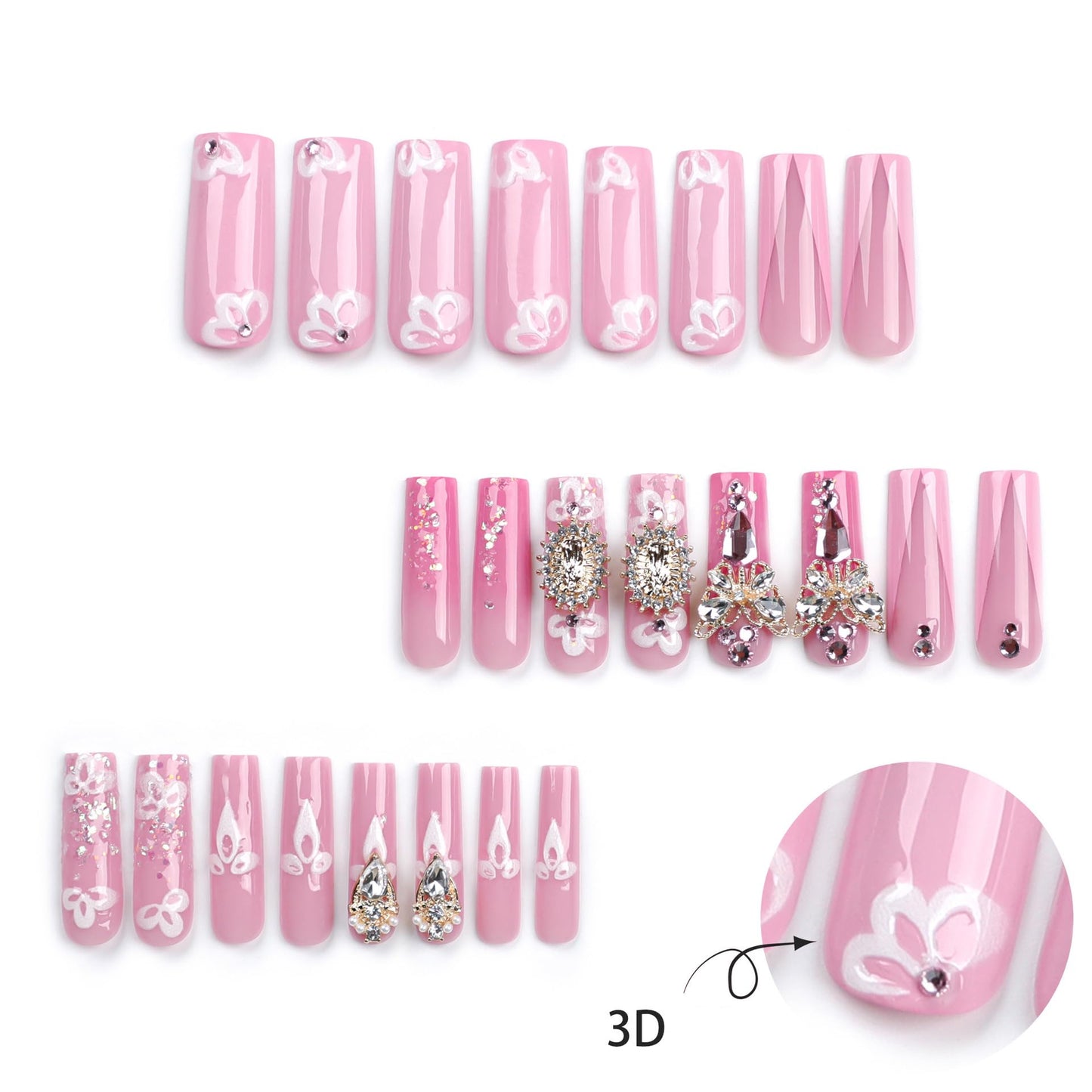 Long Press Pink False Nails with Rhinestones Design: Glue on, French Acrylic, Butterfly Flower Full Cover Stick on Nails - 24Pcs