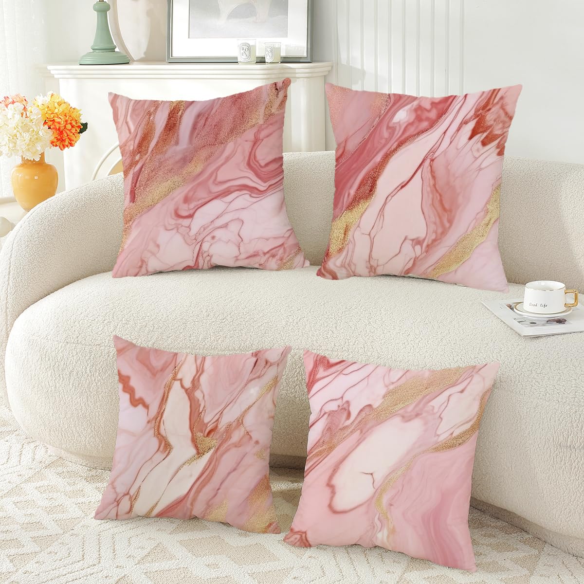 ZHLF Pack of 4,Pink Marble Throw Pillow Covers 18x18 Inch Two-Sided Pink Gold Abstract Art Modern Decorative Pillows Case Soft Cushion Covers for Couch Sofa Bed Home Living Room Décor