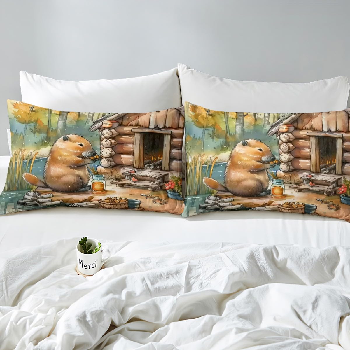 Erosebridal Boys Beaver Queen Size Bedding Set, Cute Guinea Pig Bed Sheets Lovely Animal Fitted Sheet for Kids Teens Adult Cabin Decor, Rustic Farmhouse Lodge Bed Set with 2 Pillow Cases,Brown