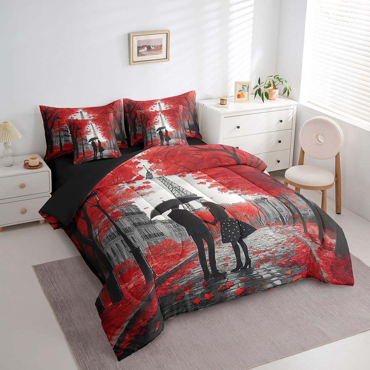 Erosebridal Romantic Valentine's Day Full 7 Piece Bedding Set for Adults Men Women Room Decor,Eiffel Towel Comforter Set France Paris Couple Bed in A Bag Maple Trees Leaves Sheet Set with Comforter