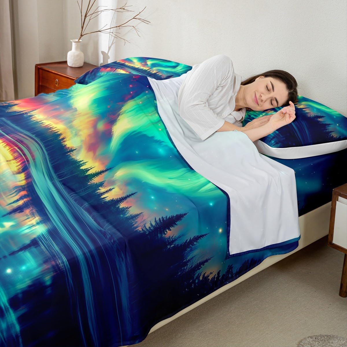 Natural Aurora Bed Sheets Set Dreamy Galaxy Arctic Aurora Flat Fitted Sheet Full Gradient Starry Sky Bed Set For Kids Adult Women Green Blue Tranquil Night Sky Bedding Sets With 2 Pillow Cases