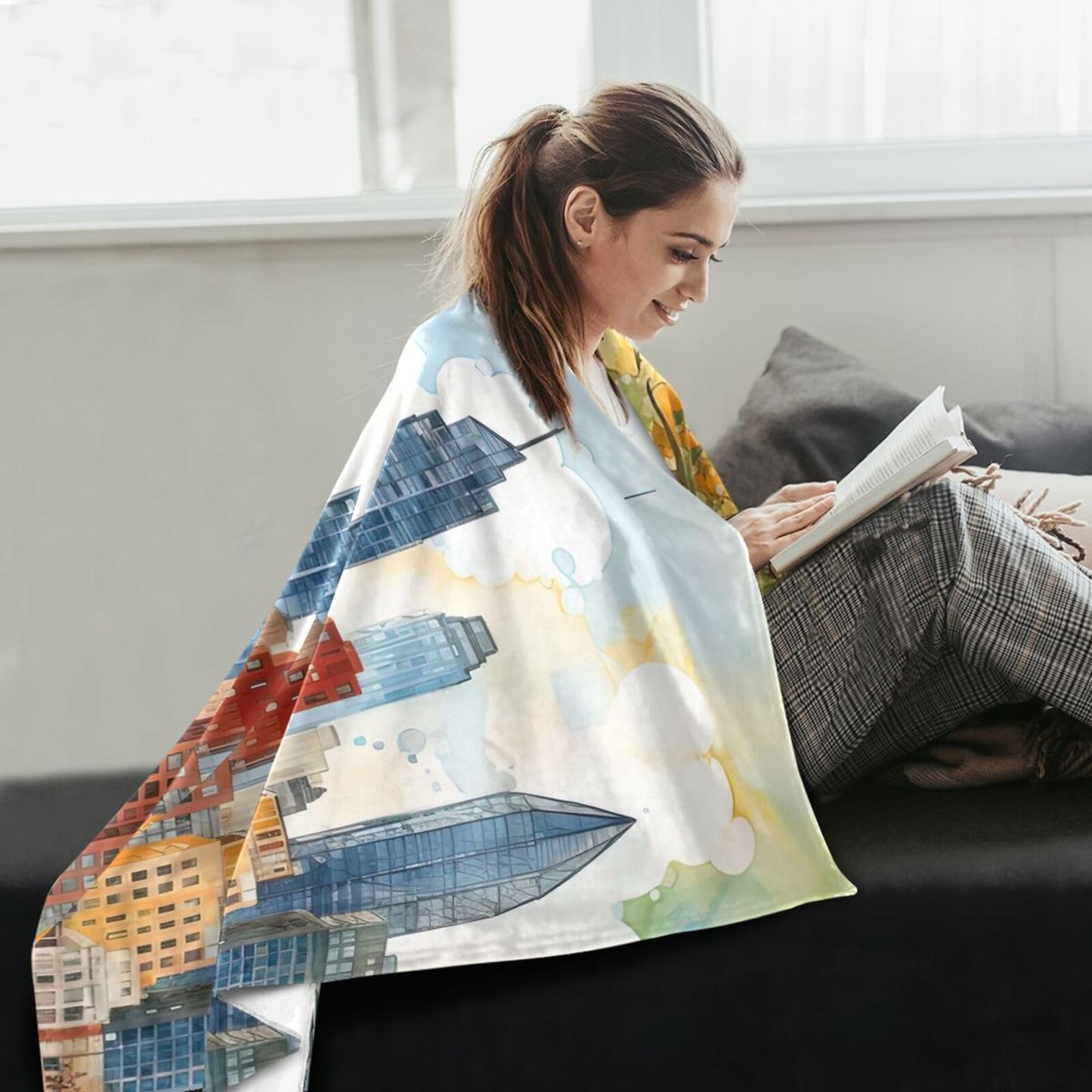 XYMZR City Skyline Watercolor Flannel Twin Blanket – 60” x 90”, Fashion Design, Ultra Soft, Lightweight, Washable Throw Blanket for Sofa, Bedroom, Dorm