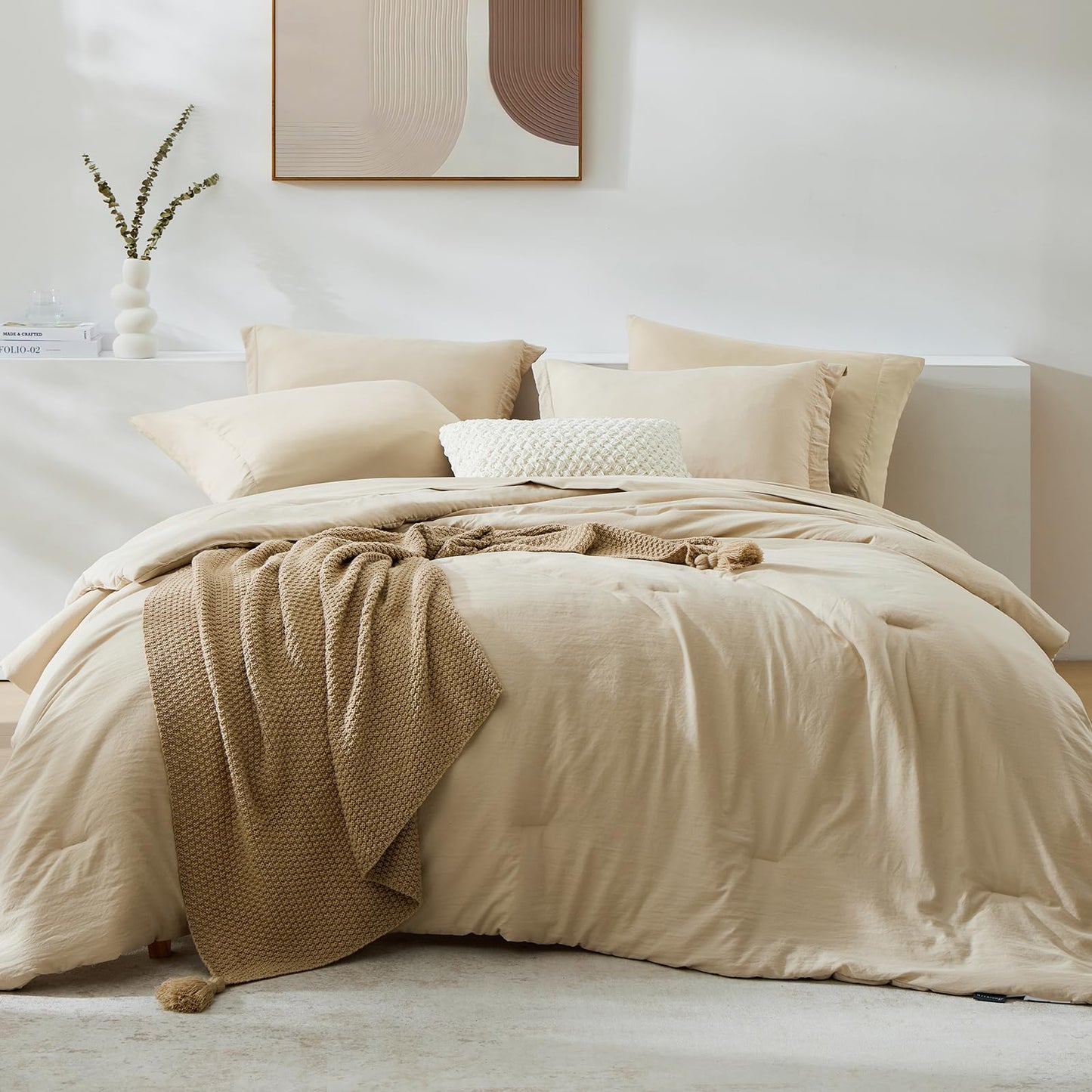 WRENSONGE Queen Comforter Set- 7 Pieces Beige Bed in a Bag Queen with Fitted Sheet, Flat Sheet, 2 Pillow Shams, and 2 Pillowcases- Warm Bed Set for All Season