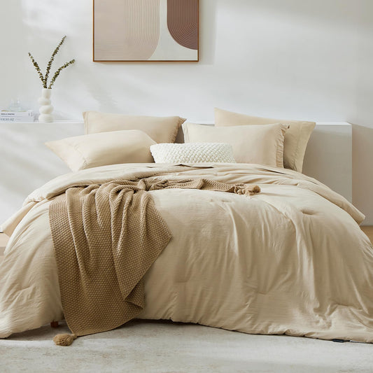 WRENSONGE Queen Comforter Set- 7 Pieces Beige Bed in a Bag Queen with Fitted Sheet, Flat Sheet, 2 Pillow Shams, and 2 Pillowcases- Warm Bed Set for All Season