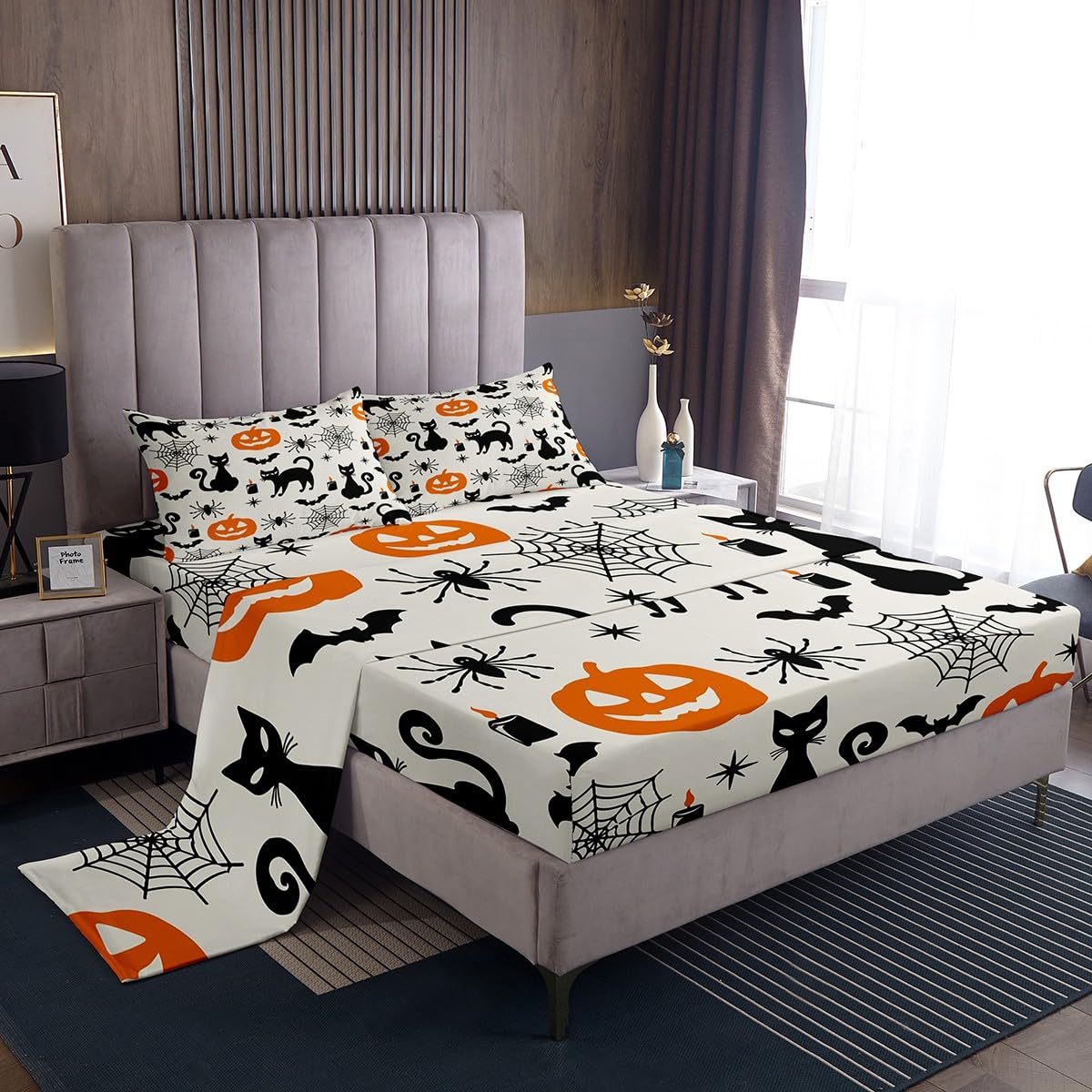 Feelyou Black Cat Halloween Decorations Sheets Set Twin Size Pumpkin Ghost Cats Bedding Set Toddlers Teens Adults Halloween Festival Themed Fitted Sheet Black Orange Bed Sheet Set