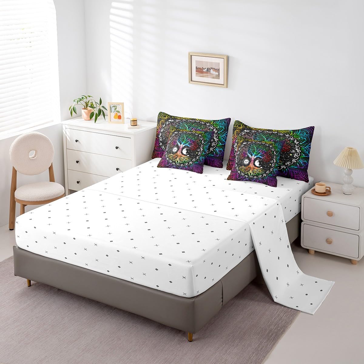 Erosebridal 7 Pcs Tree of Life Comforter Set Twin Size,Sun and Moon Bed in a Bag with Flat Fitted Sheet for Kids and Adults,Boho Mandala Flower Galaxy Bedding Set with Pillowcases and Cushion Cases