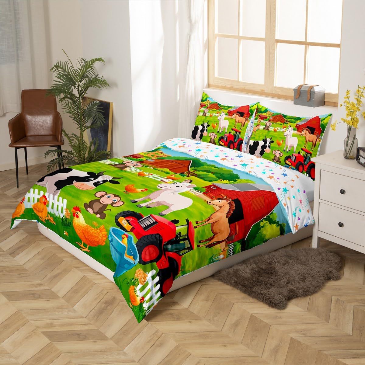 Feelyou Kids Bedding Set Cartoon Farmhouse Duvet Cover Set Cute Farm Animal Boys Girls Toddler Comforter Cover Country Style Quilt Cover with 2 Pillowcases King Size