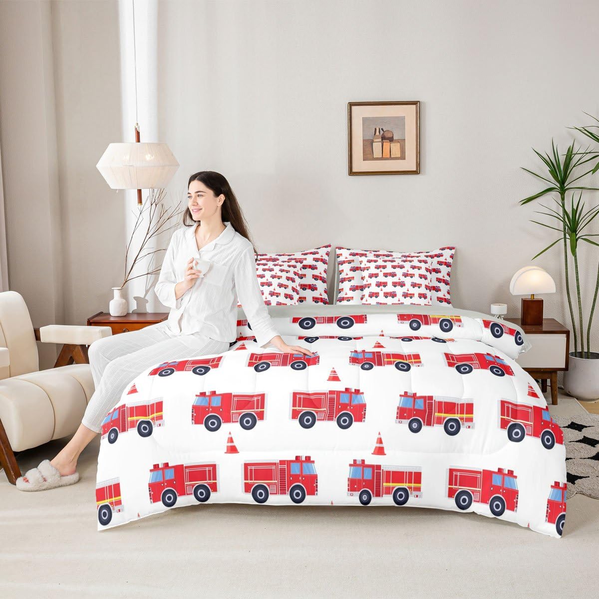 Erosebridal Cartoon Fire Truck Twin 7 Pcs Bedding Set, Red Firemen Car Bed in A Bag, Fire Engine Comforter Set with Sheets for Kids Men Teens Boys Room Decor, White Bed Sets, Microfiber