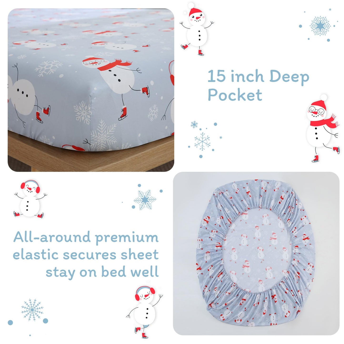JSD Snowman Kids Sheet Set Twin Size, 3 Piece Blue Snowflakes Christmas Printed Microfiber Sheets Deep Pocket