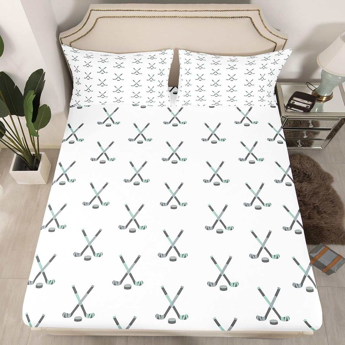 Feelyou Ice Puck Game Sheets for Girls Boys Kids Ice Hockey Bedding Set Sports Player Bed Sheet Set Hockey Sports Sheets with Deep Pocket Fitted Sheet Full 4Pcs