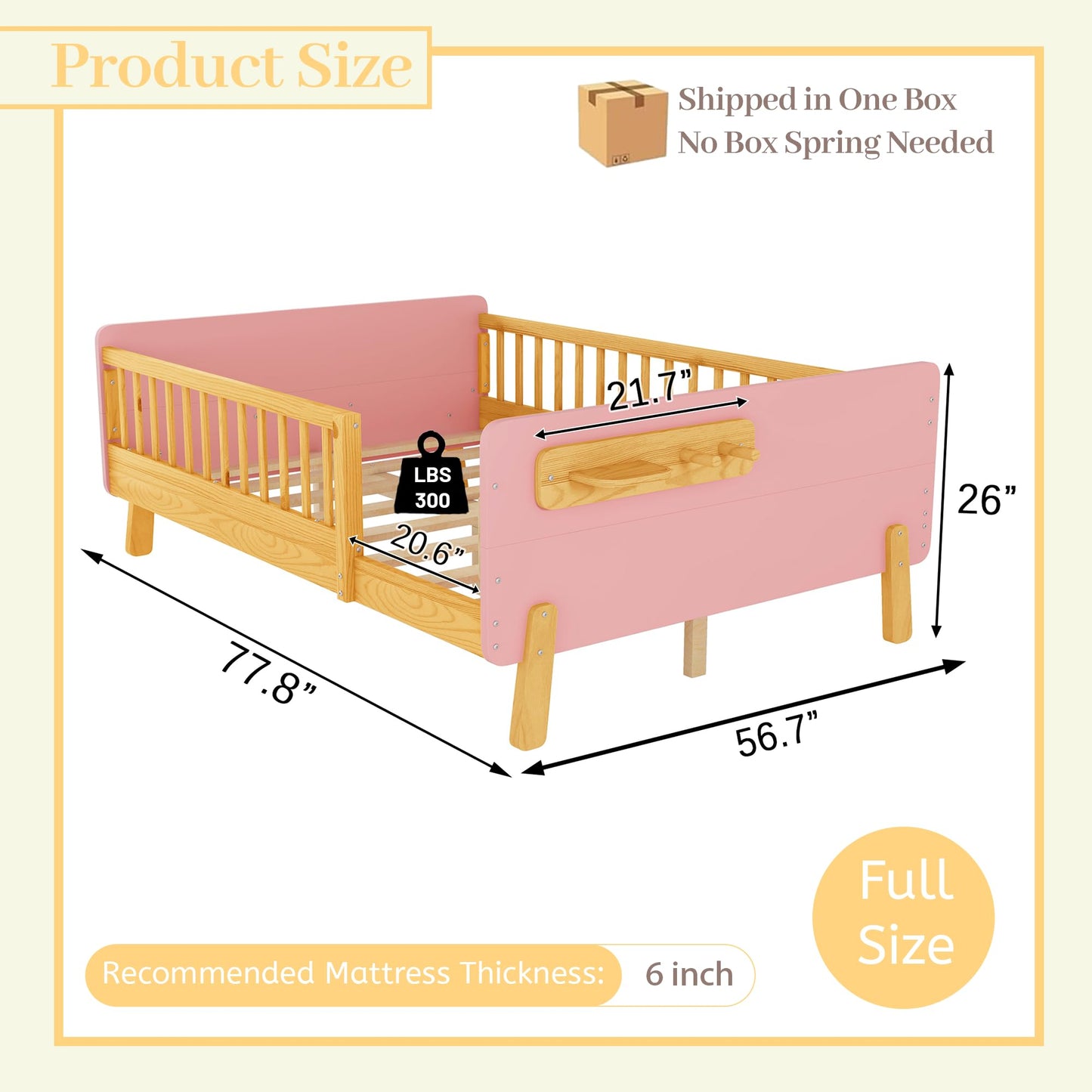 Aurnienofus Full Size Bed Frame with Removable Rails, Montessori Wood Beds with Headboard, Storage Shelf & 2 Hanging Rod, Full Bed Frames Low to Ground for Children Boys Girls, Pink