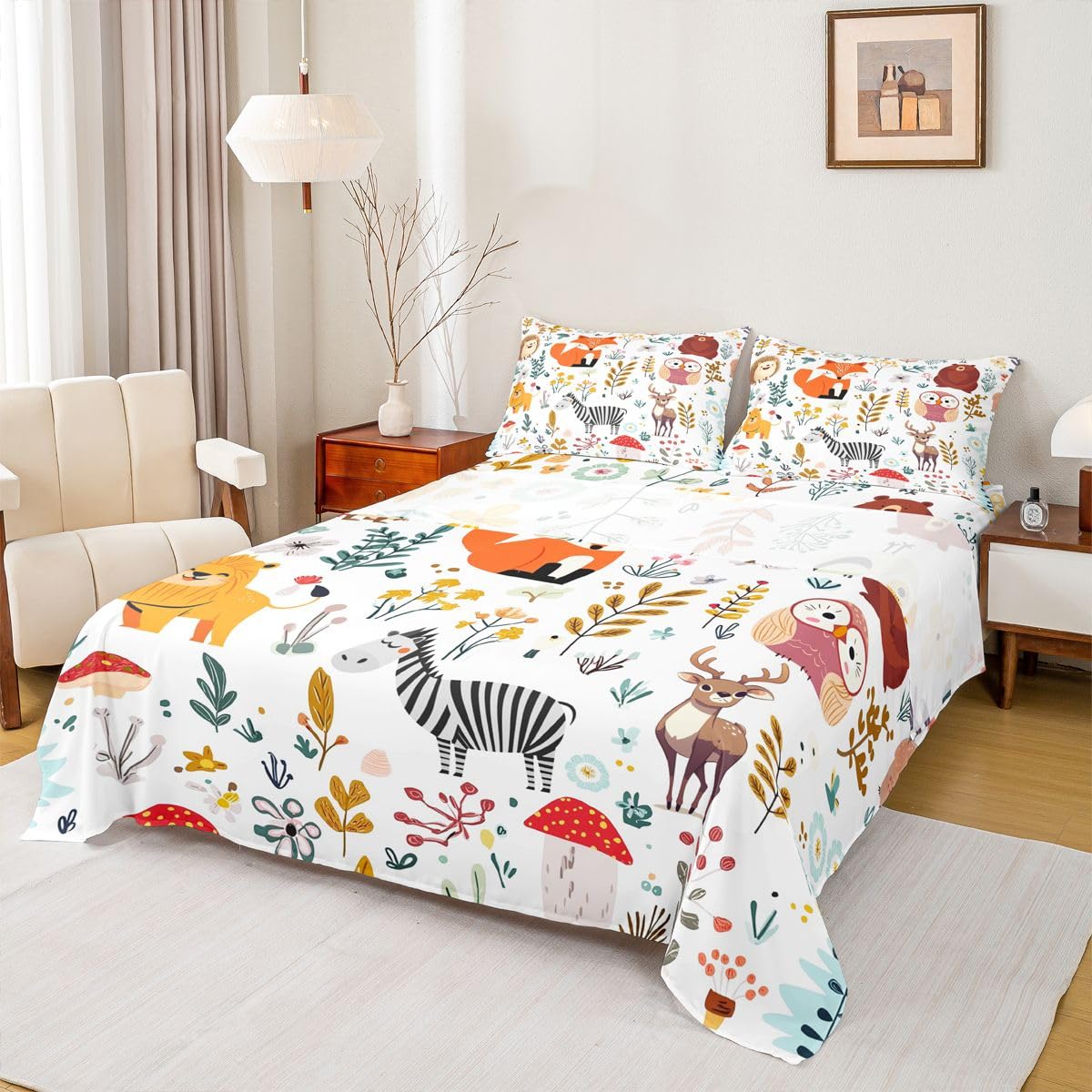 Erosebridal Kids Fox Bed Sheets Set King Size,Cartoon Bear Deer Bedding Set Cute Flower Animal Sheet Set for Boys Girls,Wild Flower Leaf Decor Fitted Sheet Flat Sheet 2 Pillow Cases