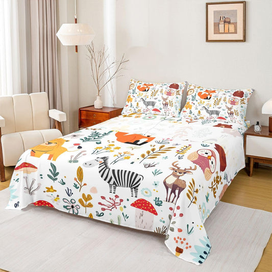Erosebridal Kids Fox Bed Sheets Set King Size,Cartoon Bear Deer Bedding Set Cute Flower Animal Sheet Set for Boys Girls,Wild Flower Leaf Decor Fitted Sheet Flat Sheet 2 Pillow Cases