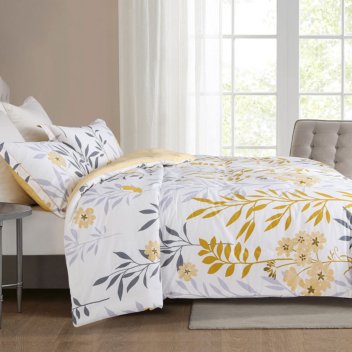SLEEPBELLA Comforter King Size, 600 Thread Count Cotton Grey Branch with Yellow Flower & Grey Leaves Pattern Orange Reversible Comforter Set,Down Alternative Bedding Set 3Pcs(King, Yellow Botanical)