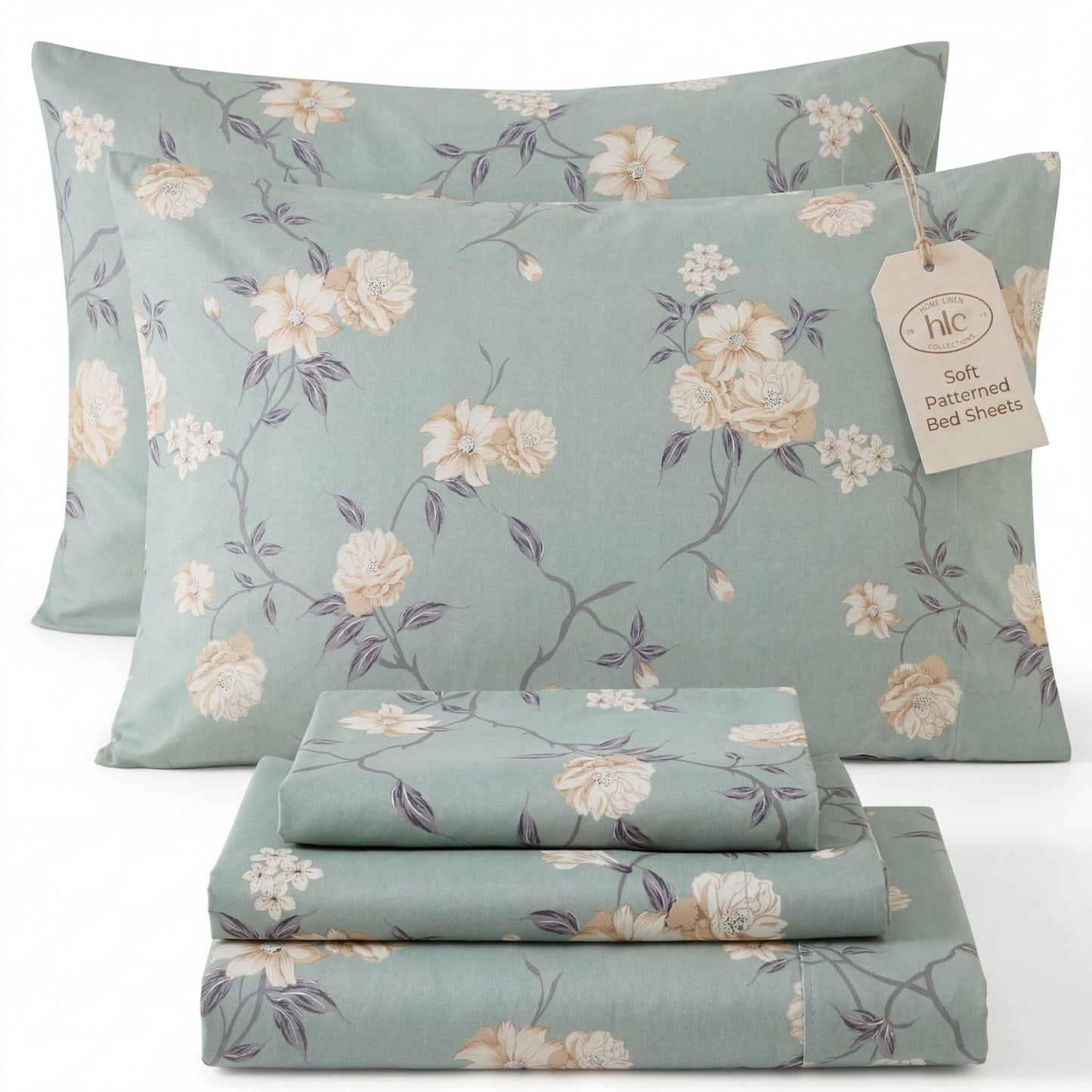 HLC.ME Vintage Green Floral Bed Sheets - 4 Piece Bed Sheet Set - Wrinkle Resistant & Ultra Soft - Fits Mattresses up to 15 Inches Deep (Queen)