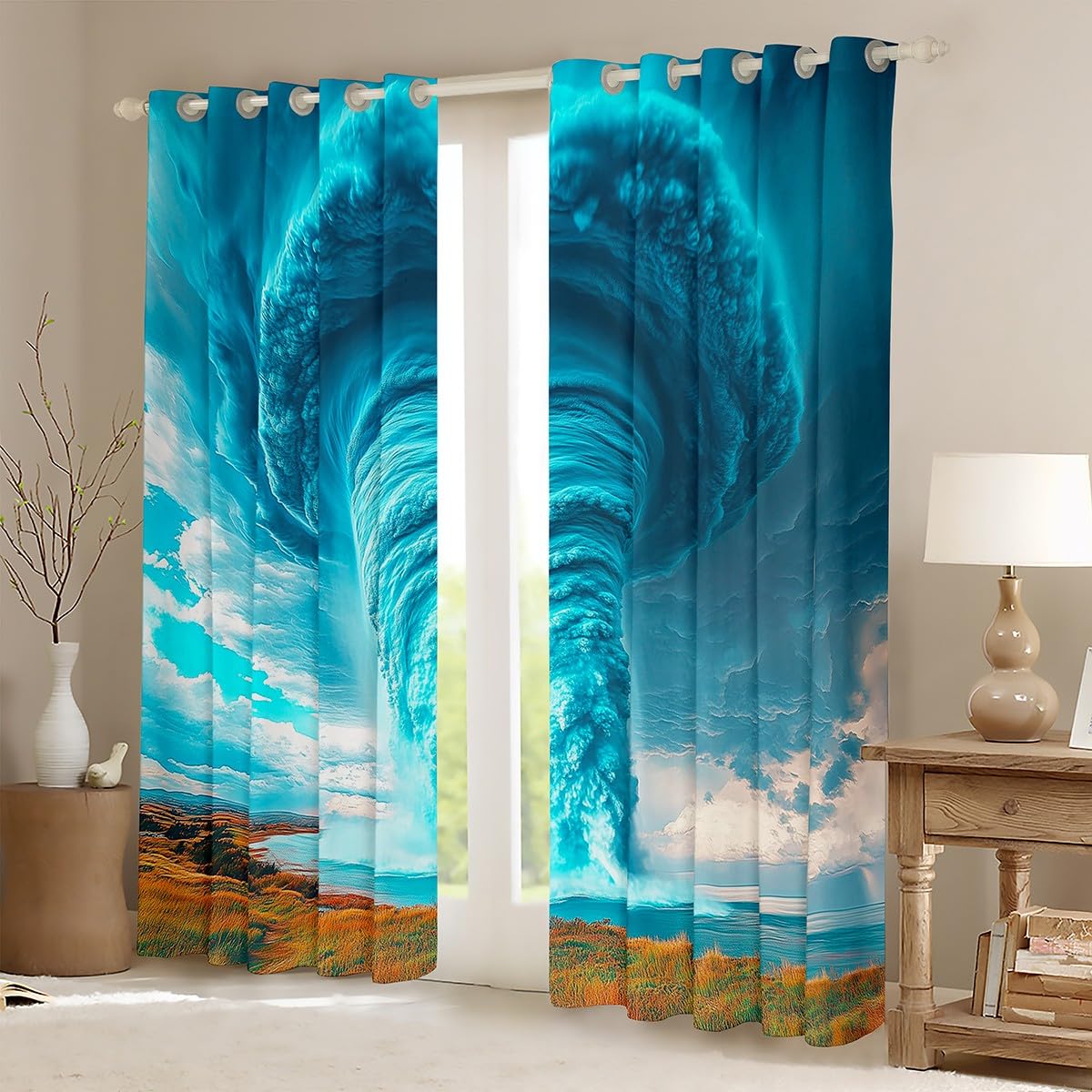 Erosebridal Nature Tornado Window Curtains Drapes 38" Wx45 L,Storm Chaser Tornados Curtains for Kids Boys Teens,Aqua Weather Room Decor