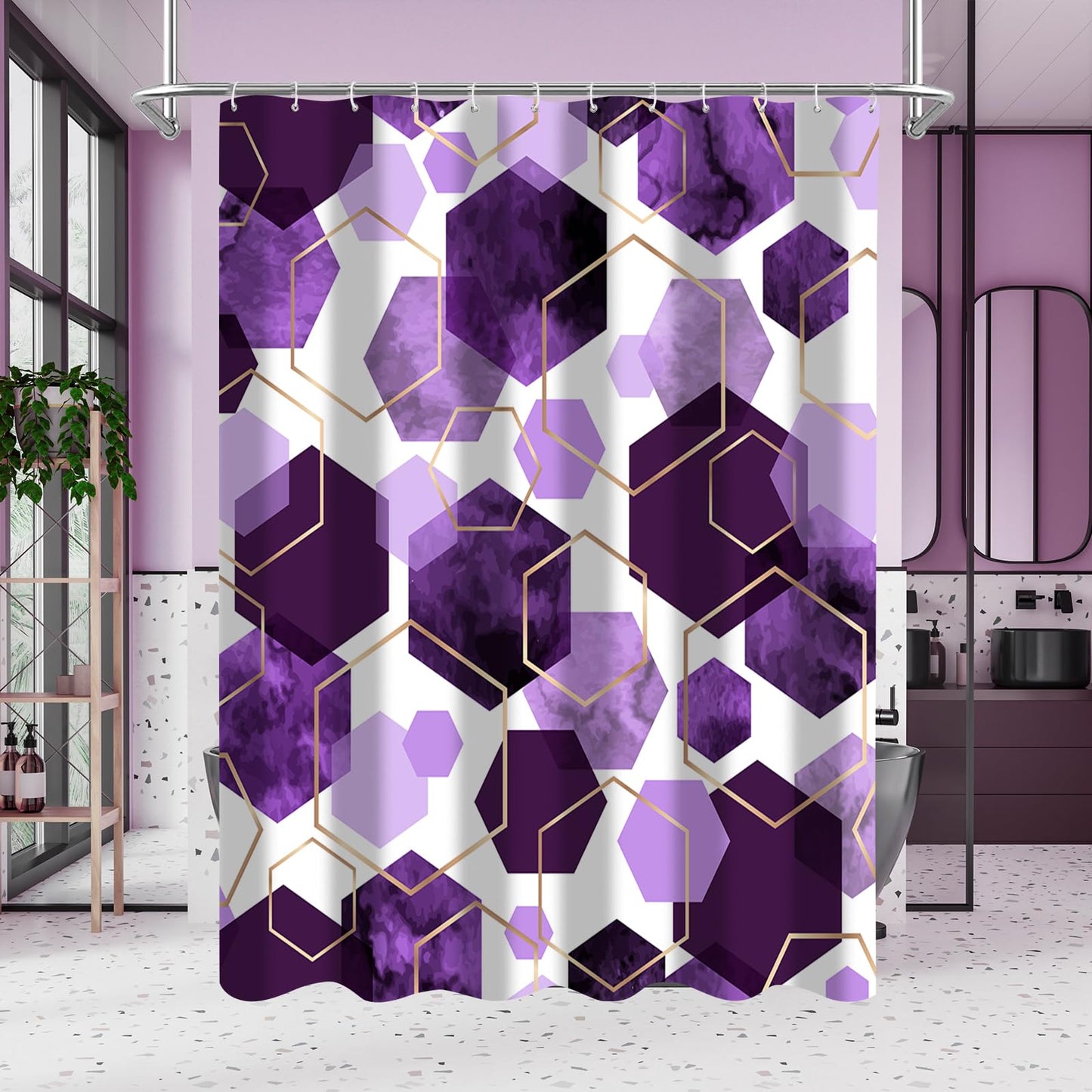 Litabel Purple Modern Shower Curtain for Bathroom, Geometric Art Decor Waterproof Bath Curtain, Abstract Fabric Shower Curtain Sets for Home Decor, 72x72 Inch