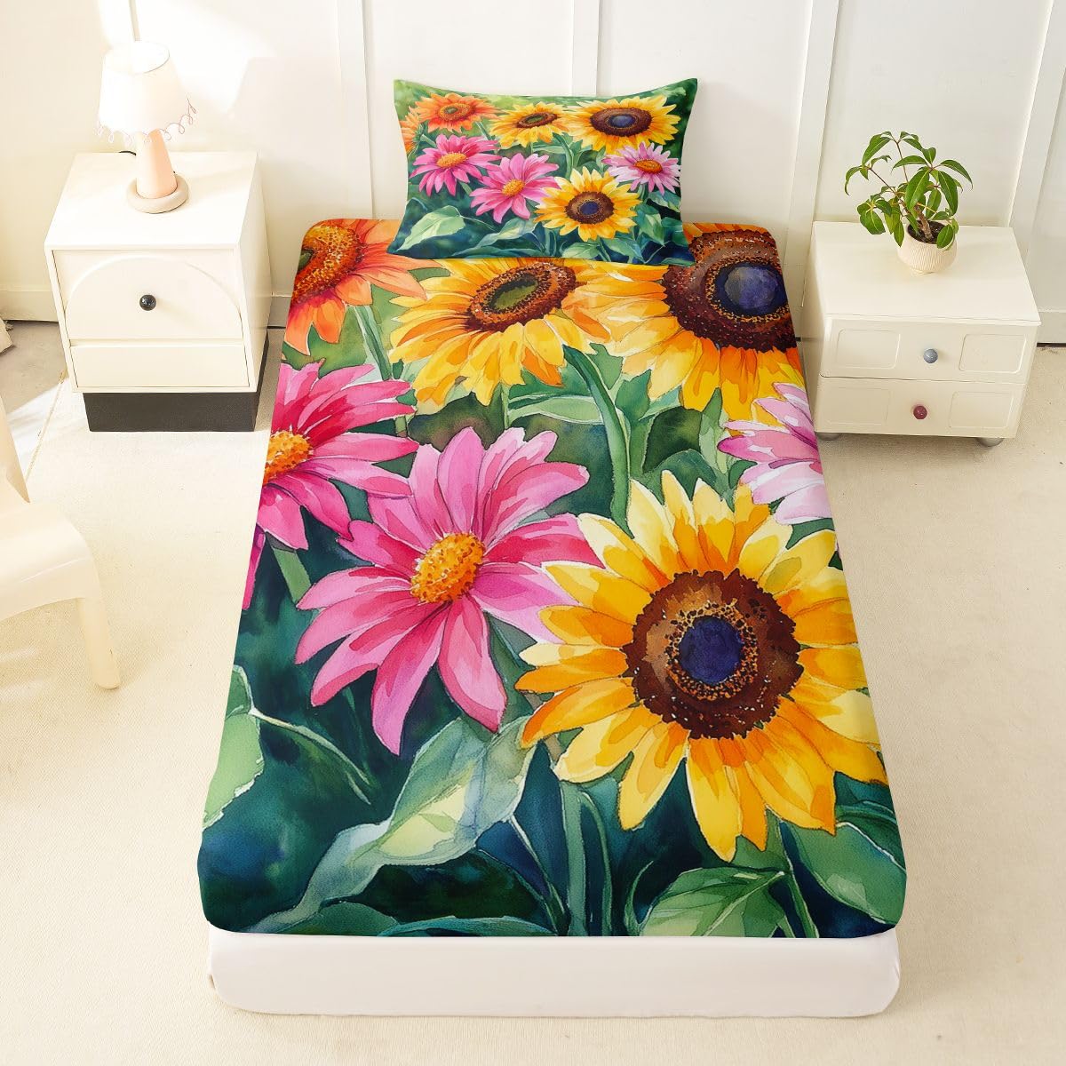 Erosebridal Spring Sunflower Bed Sheets Set Twin Watercolor Floral Sheet Set Green Watercolor Leaves Sheets Retro Boho Sunflower Flat Fitted Sheet