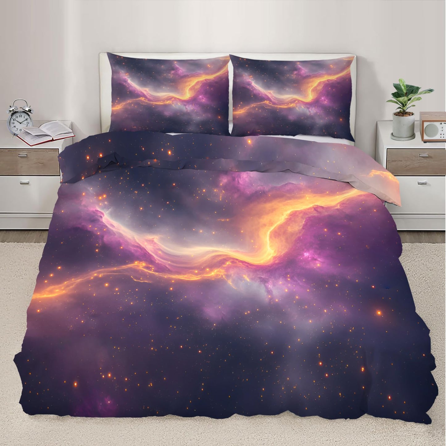 PAISUOQ Galaxy Duvet Cover Full, Purple Space Bedding, Cosmic Landscape Comforter Cover with 2 Pillow Cases, 3 Pieces with Zipper & Ties, Bedroom Decor & Gifts