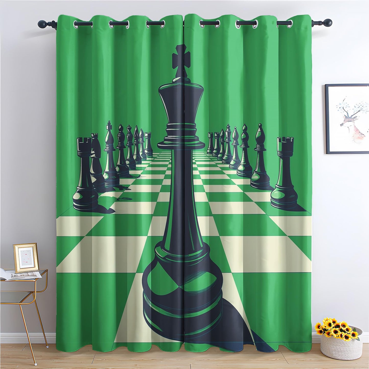 Phtbz Chess Curtains 45 Inch Length 2 Panels Set, Green Chessboard Patterned Blackout Curtains for Bedroom, Living Room Decor, Room Darkening Thermal Insulated Grommet Drapes