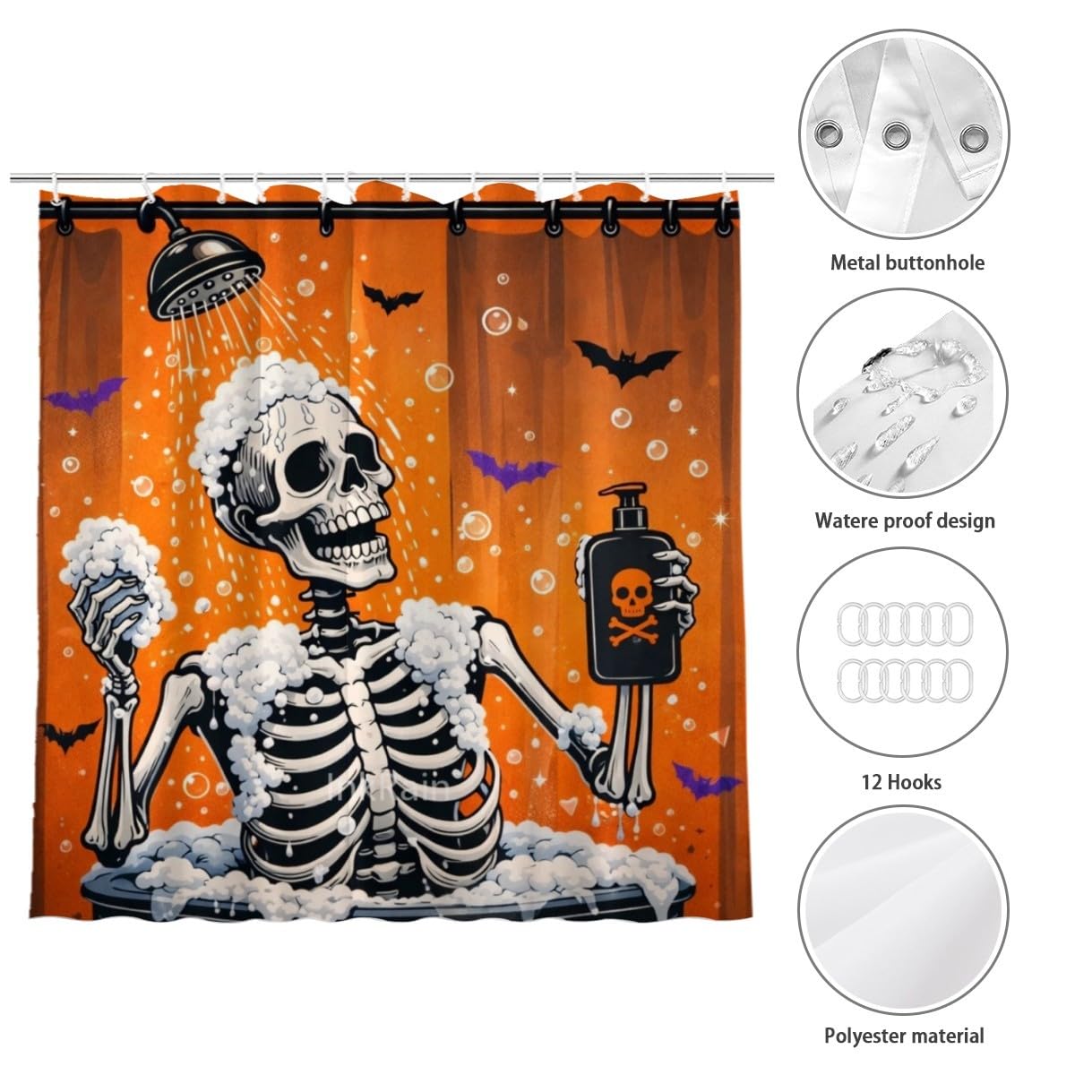 InkRain Halloween Skeleton Shower Curtain 60x72 Inch with 12 Hooks, Funny Spooky Skeleton Bathing Design, Waterproof Fabric Bathroom Curtain, Cute Goth Halloween Bathroom Decor