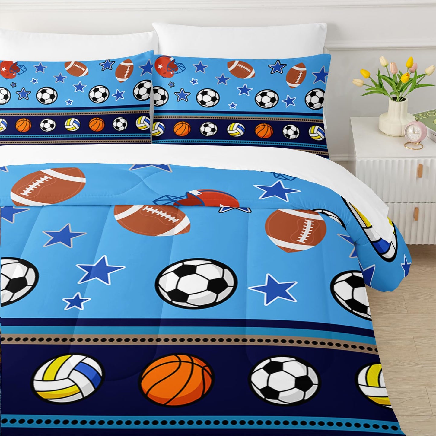 QOOMO Sports 7 Pieces Comforter Set Twin Size,Sports Bedding Set for Kids Teens Girls-Include 1 Comforter,1 Fitted Sheet,1 Flat Sheet,2 Printing Pillowcases and 2 Purple Pillowcases