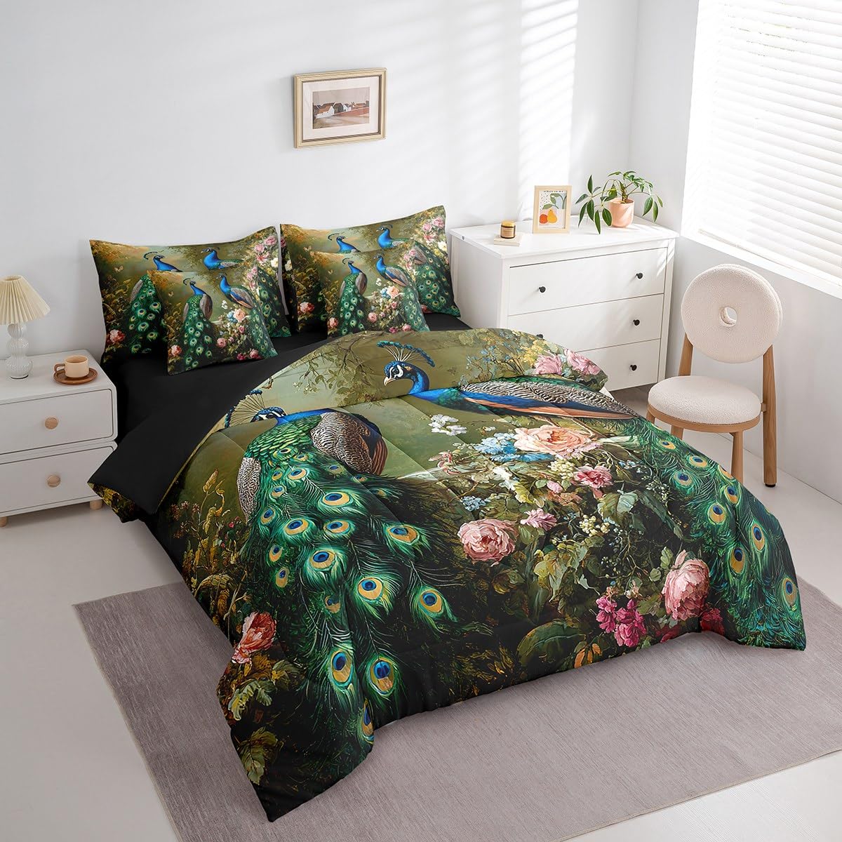 Erosebridal Peacock Comforter Set King Size,Elegant Birds Bedding Set for Kids Teens,Oil Painting Floral (Comforter+Fitted+Flat Sheet+2 Pillowcases+2 Throw Pillow Covers) 7 Pieces Bed Set